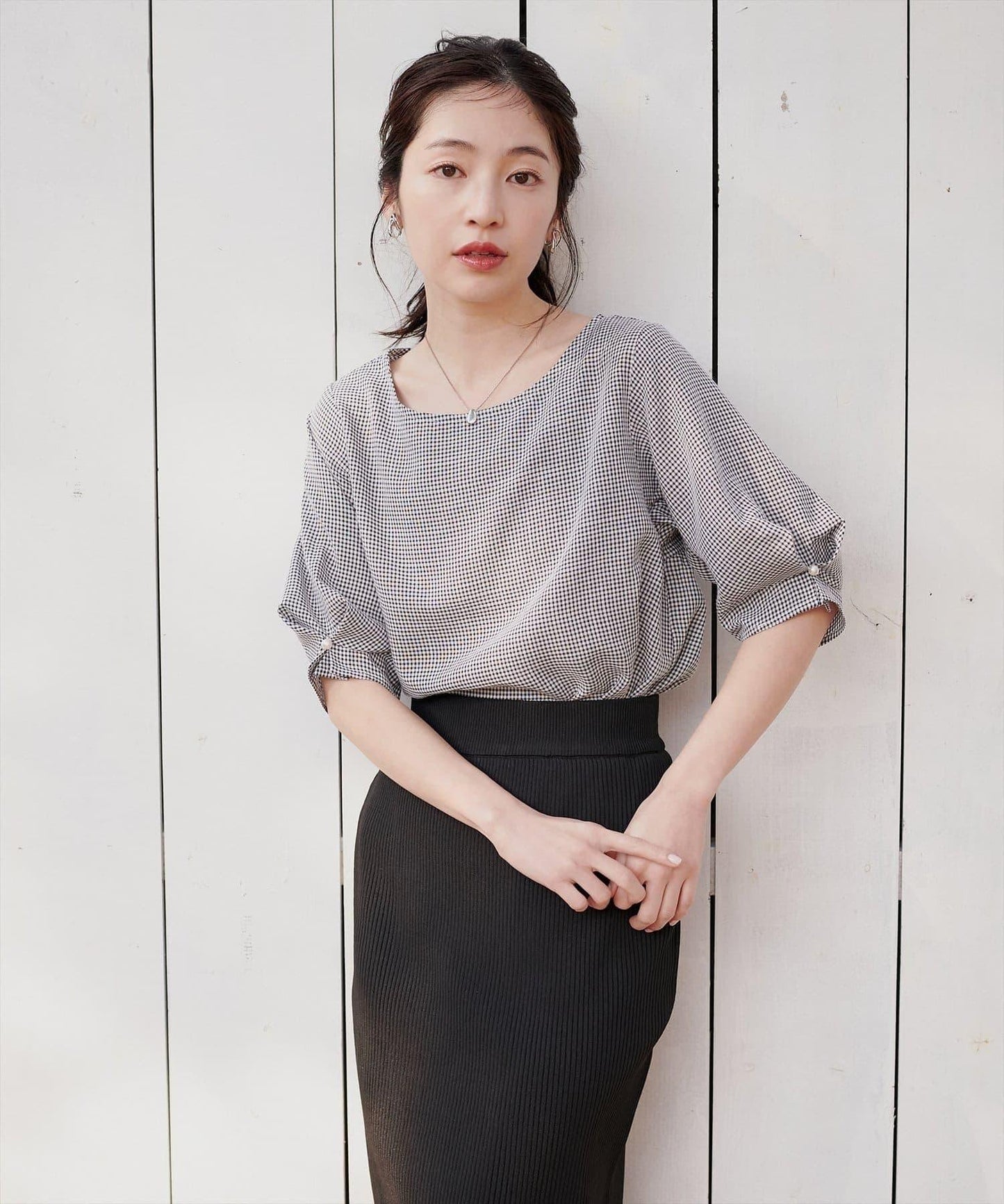 珍珠裝飾 打褶袖 女襯衫