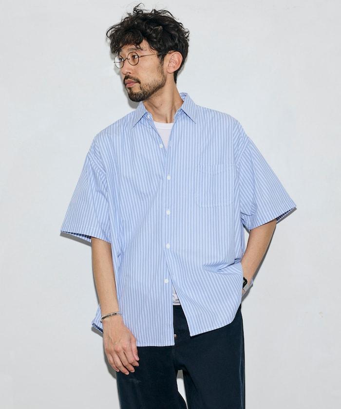 寬鬆版型 條紋拼接設計 府綢面料 短袖襯衫
