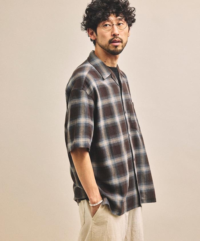 先染漸變格寬鬆版開領短袖透視襯衫