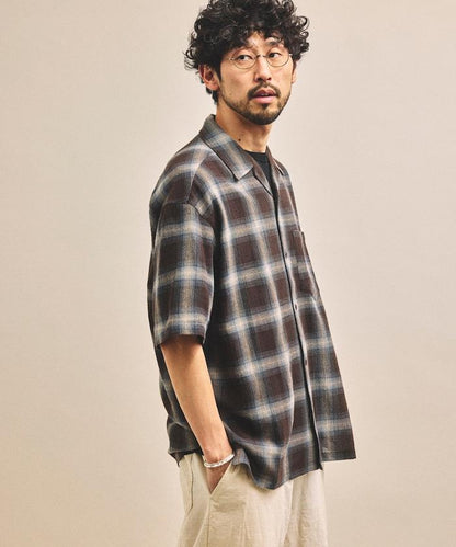 先染漸變格寬鬆版開領短袖透視襯衫