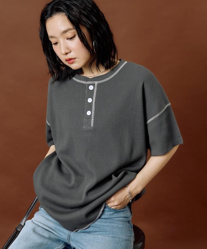 華夫格亨利領短袖上衣