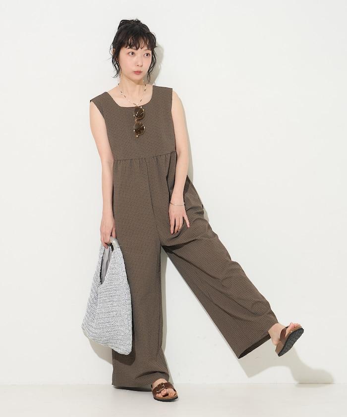 泡泡紗格紋揹帶褲