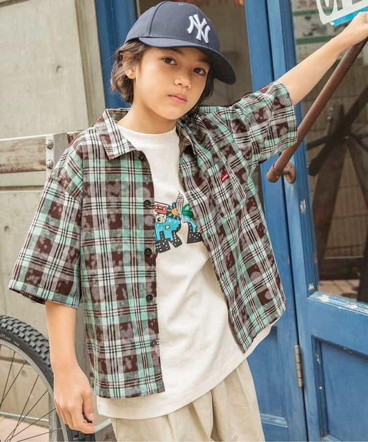 B NEWJACK 化學感印花格紋襯衫