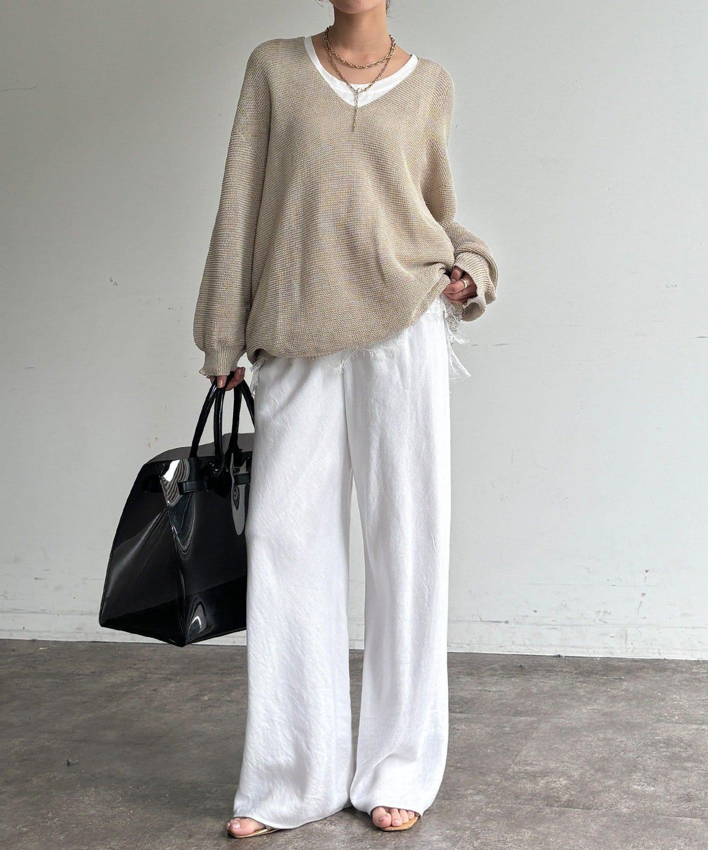 麻料斜裁褲