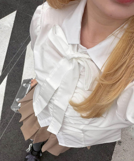 胸部褶皺蝴蝶結設計 女襯衫