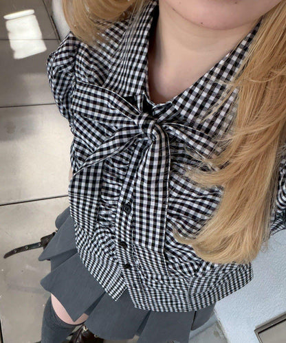 胸部褶皺蝴蝶結設計 女襯衫