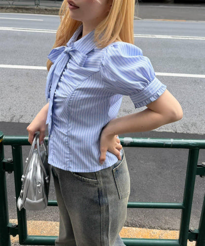 胸部褶皺蝴蝶結設計 女襯衫
