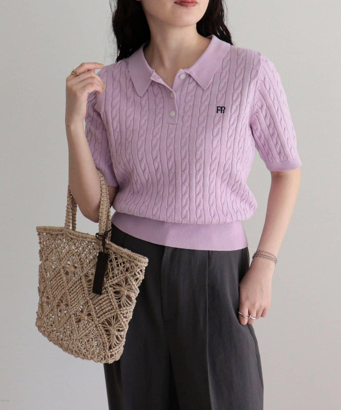 FR刺繡 麻花紋 短袖Polo領 針織套頭上衣
