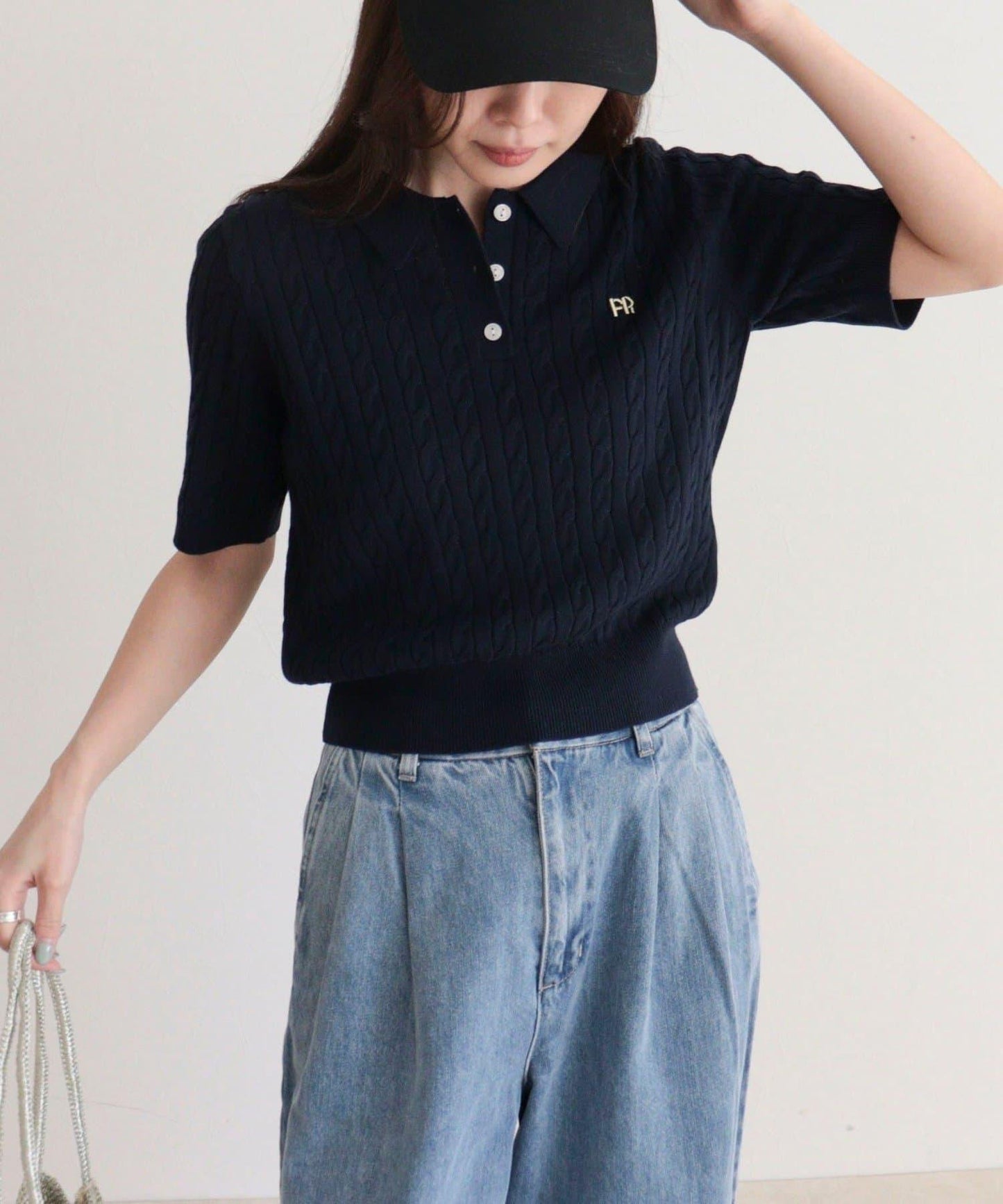 FR刺繡 麻花紋 短袖Polo領 針織套頭上衣
