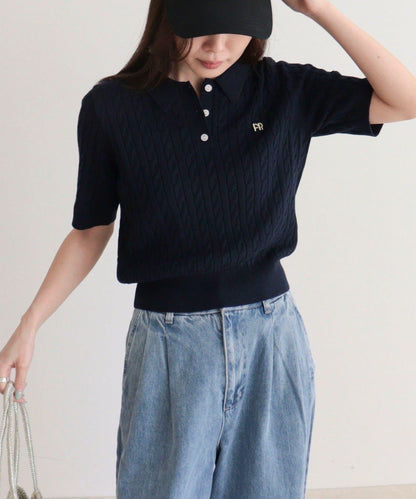 FR刺繡 麻花紋 短袖Polo領 針織套頭上衣