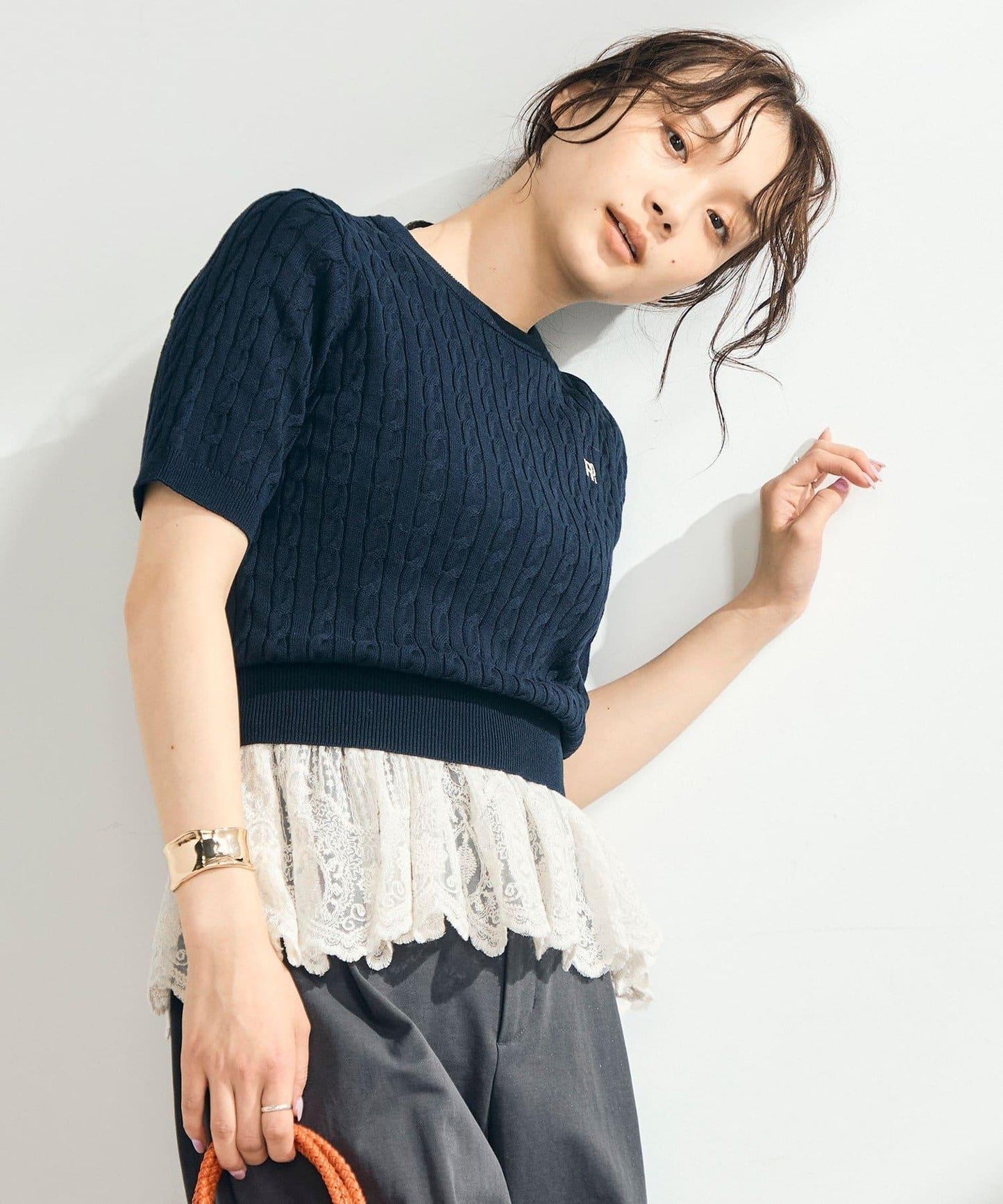 FR刺繡麻花紋短袖套頭針織衫（網絡限定・人氣系列）