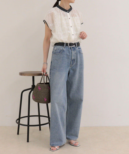 刺繡蕾絲 法式短袖 襯衫