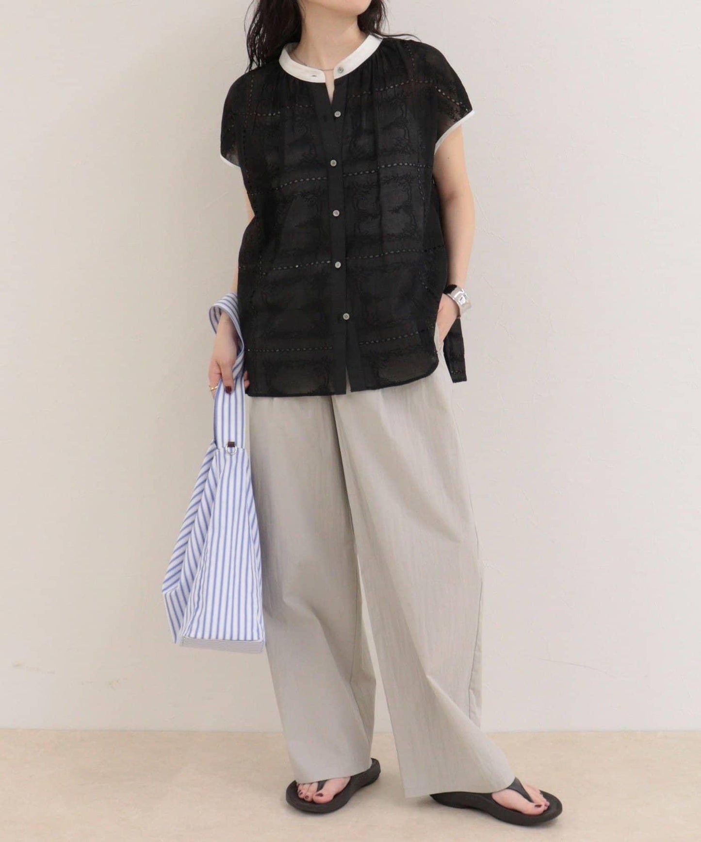 刺繡蕾絲 法式短袖 襯衫