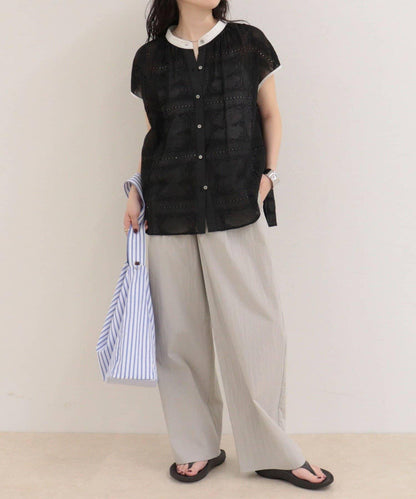 刺繡蕾絲 法式短袖 襯衫