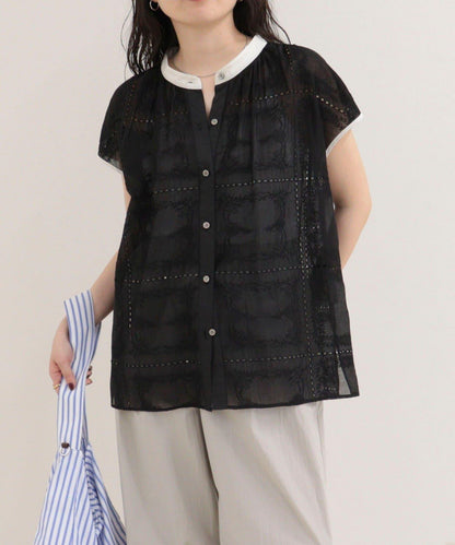 刺繡蕾絲 法式短袖 襯衫