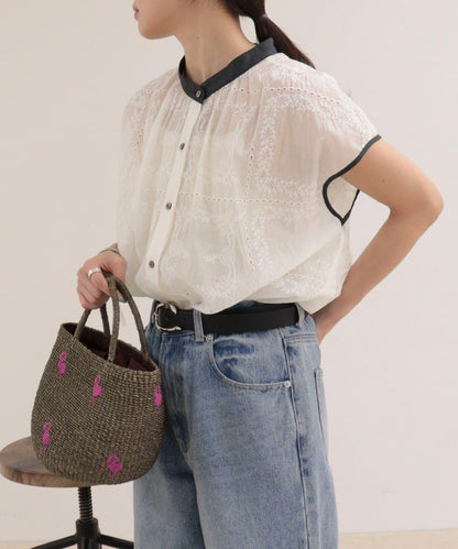 刺繡蕾絲 法式短袖 襯衫