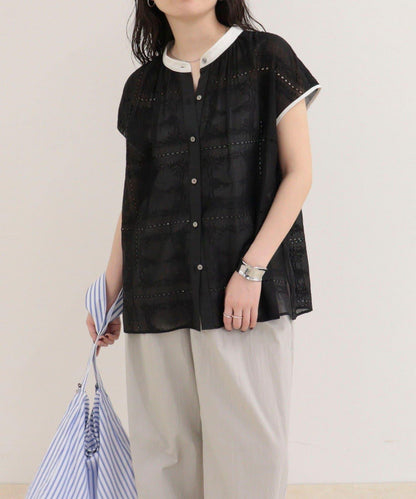 刺繡蕾絲 法式短袖 襯衫