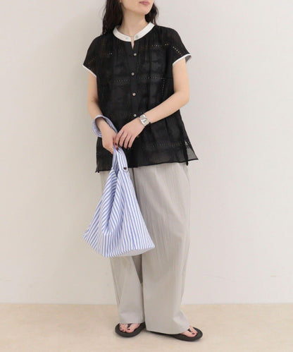 刺繡蕾絲 法式短袖 襯衫
