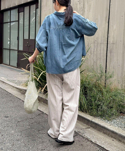 條紋微闊腿褶襉褲子