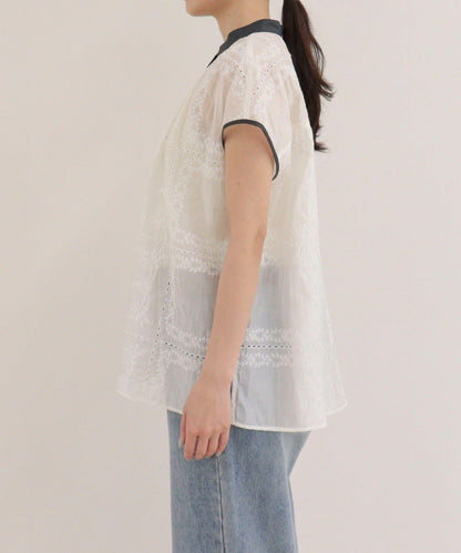 刺繡蕾絲 法式短袖 襯衫