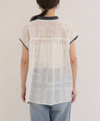 刺繡蕾絲 法式短袖 襯衫