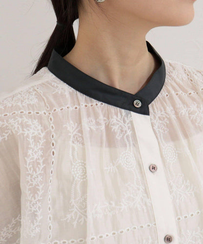 刺繡蕾絲 法式短袖 襯衫