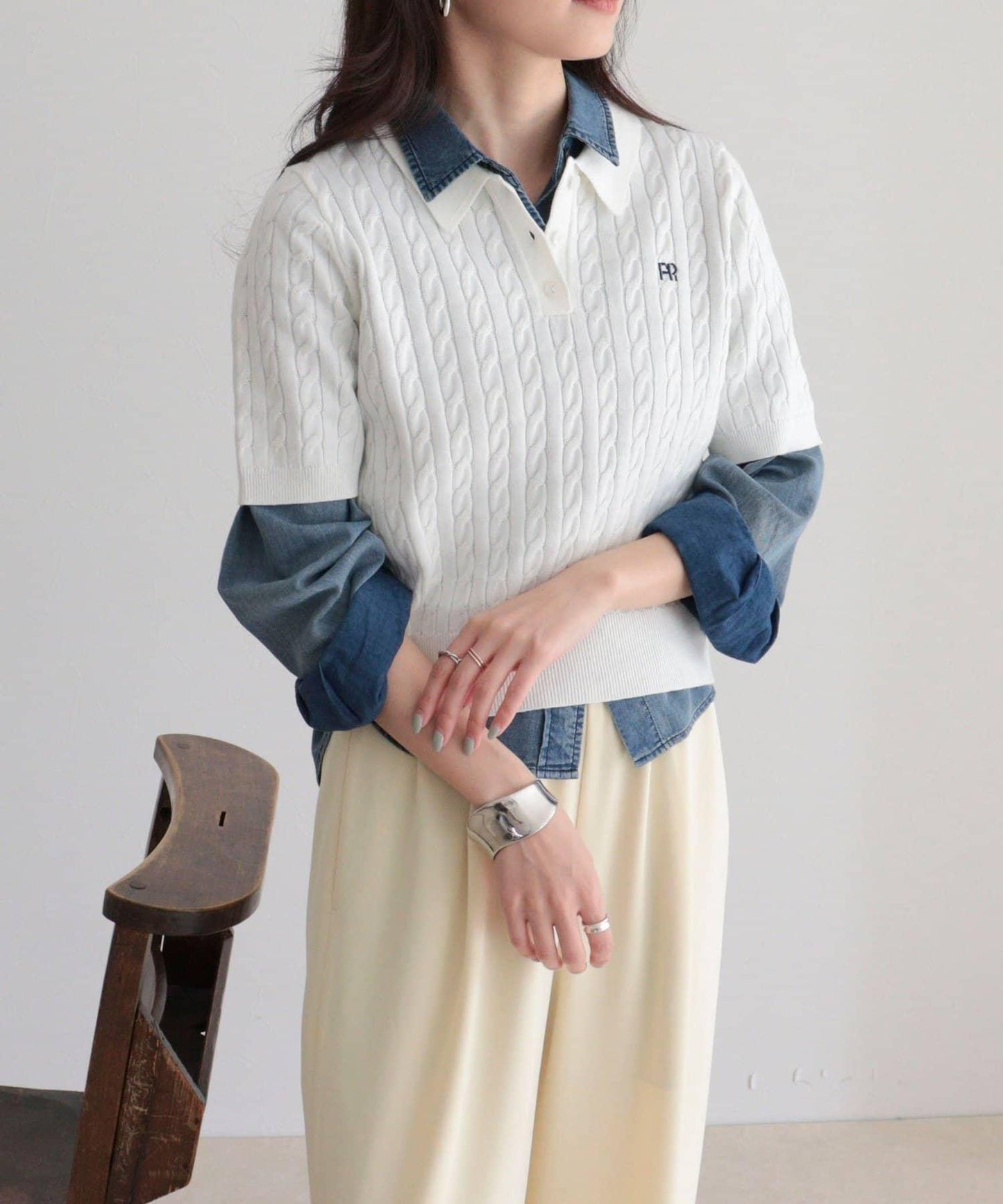 FR刺繡 麻花紋 短袖Polo領 針織套頭上衣