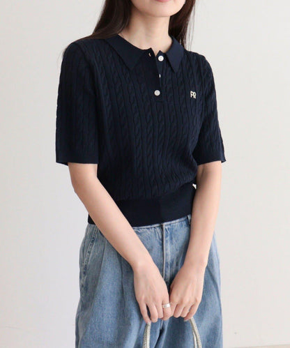 FR刺繡 麻花紋 短袖Polo領 針織套頭上衣