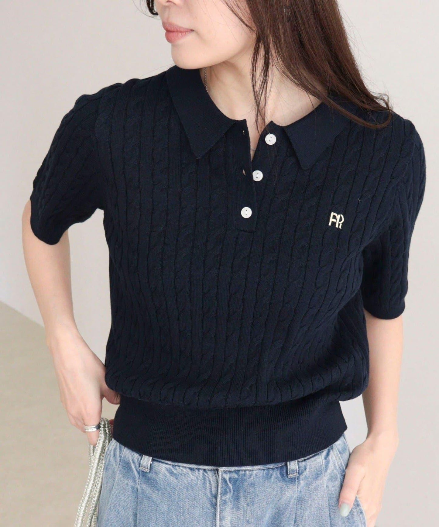 FR刺繡 麻花紋 短袖Polo領 針織套頭上衣