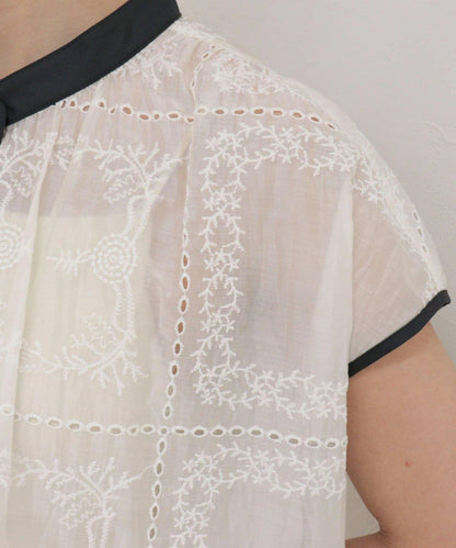刺繡蕾絲 法式短袖 襯衫