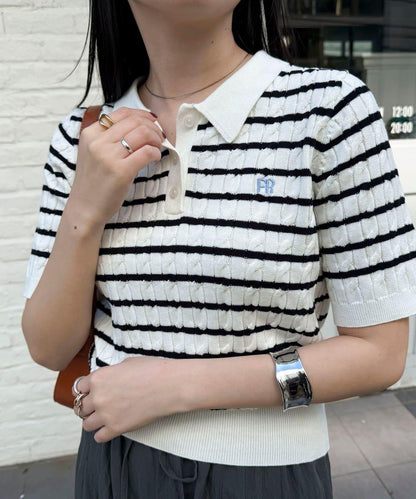 FR刺繡 麻花紋 短袖Polo領 針織套頭上衣