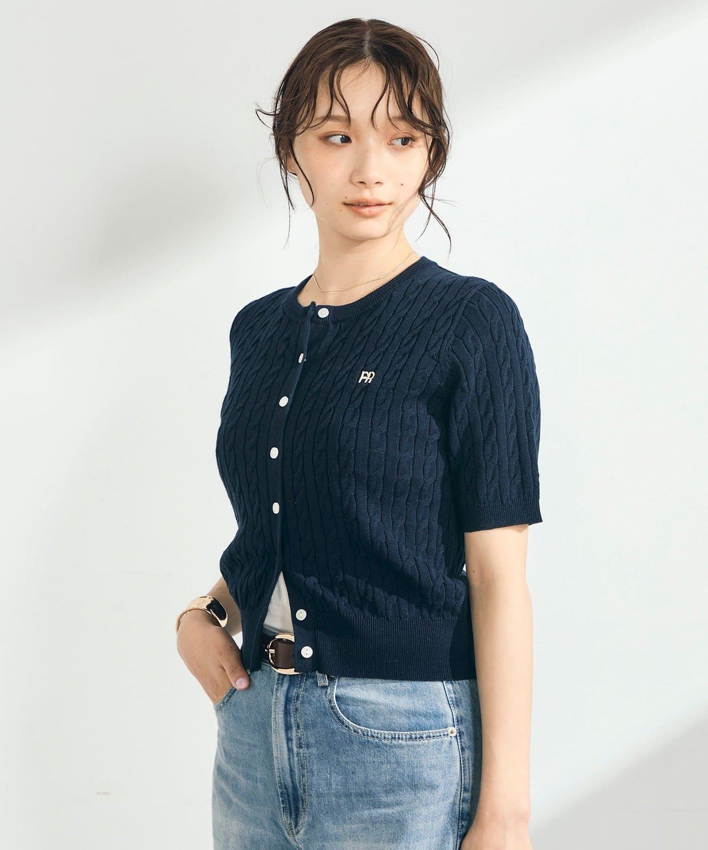 FR刺繡 麻花紋 短袖 針織開衫