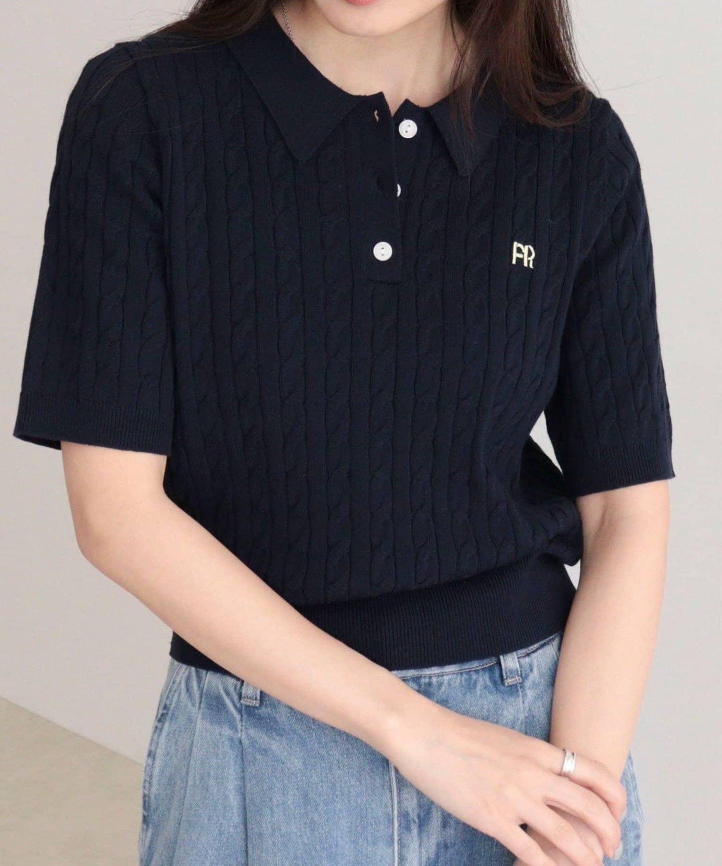FR刺繡 麻花紋 短袖Polo領 針織套頭上衣