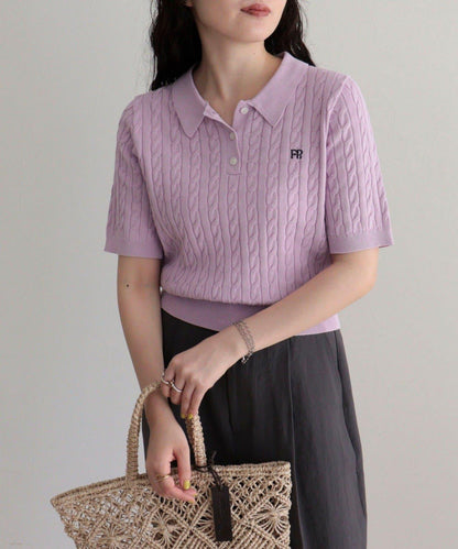 FR刺繡 麻花紋 短袖Polo領 針織套頭上衣