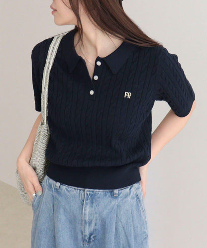 FR刺繡 麻花紋 短袖Polo領 針織套頭上衣