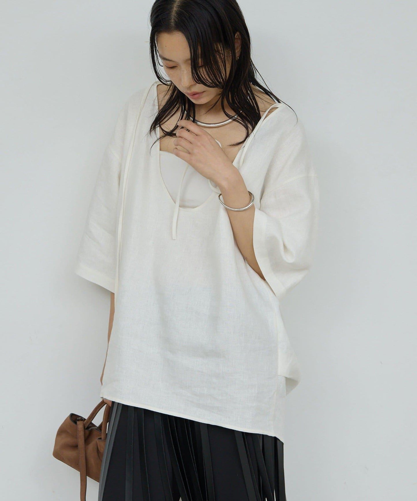 亞麻深領套頭上衣