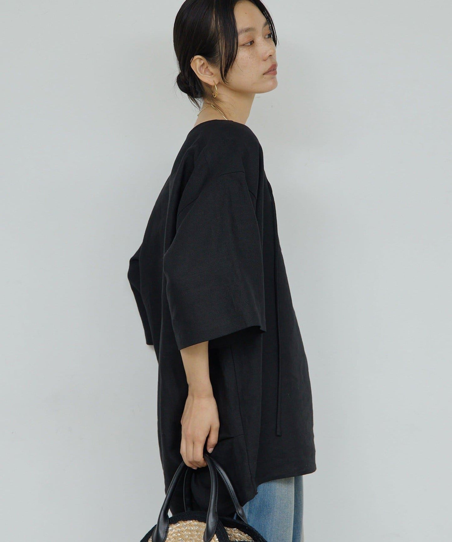 亞麻深領套頭上衣