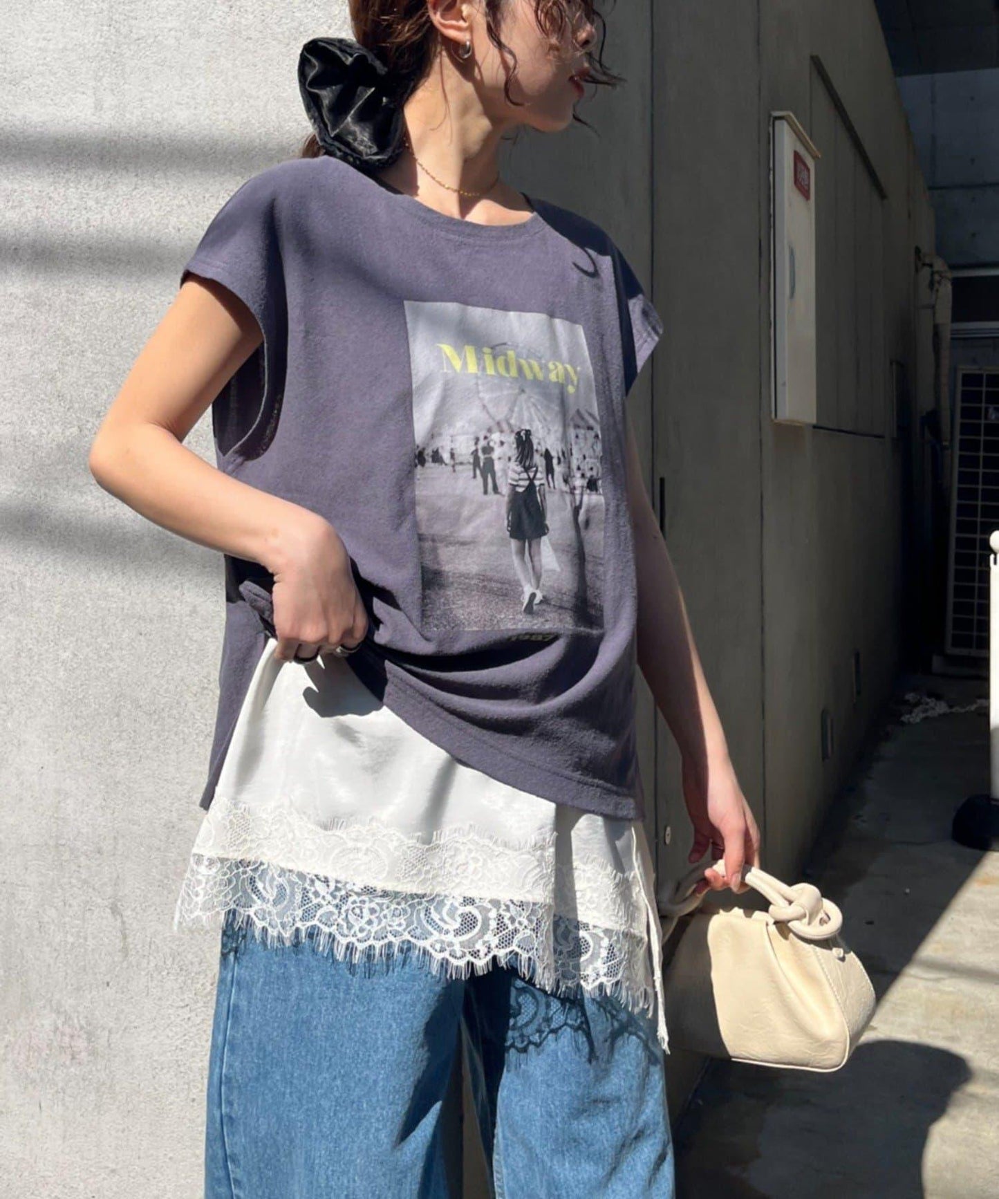 清爽乾爽觸感 拼接照片印花 法式短袖 T恤