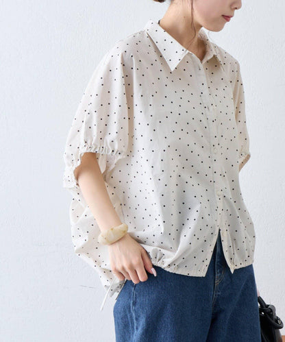 袖部褶皺 下襬蝴蝶結 泡泡版型 棉麻襯衫