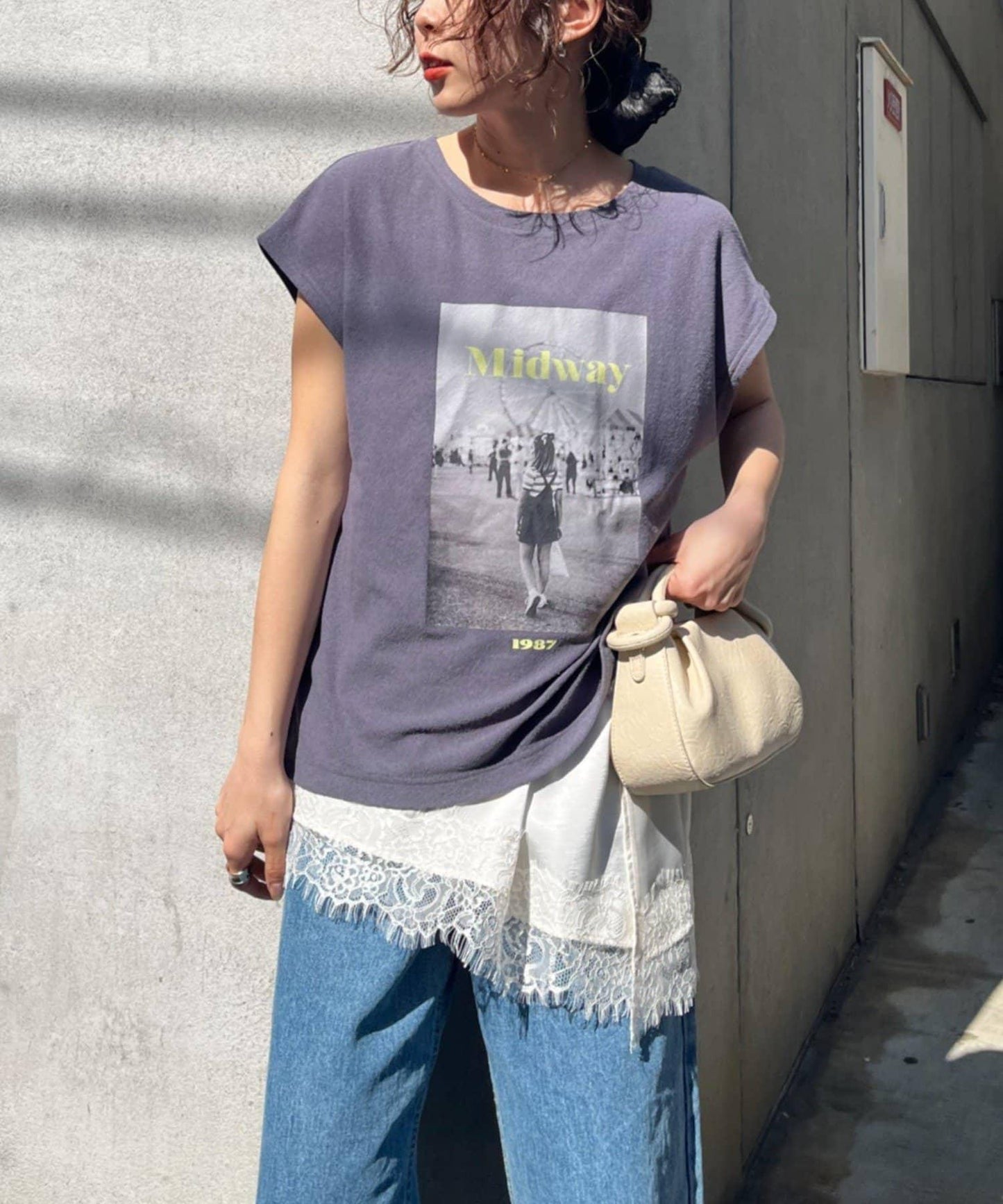 清爽乾爽觸感 拼接照片印花 法式短袖 T恤