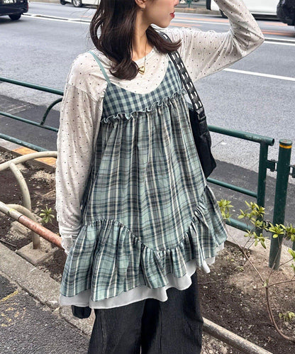 復古格紋 抽褶 吊帶連衣裙