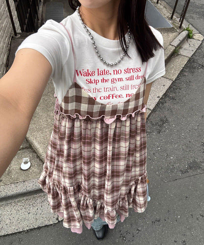 復古格紋 抽褶 吊帶連衣裙
