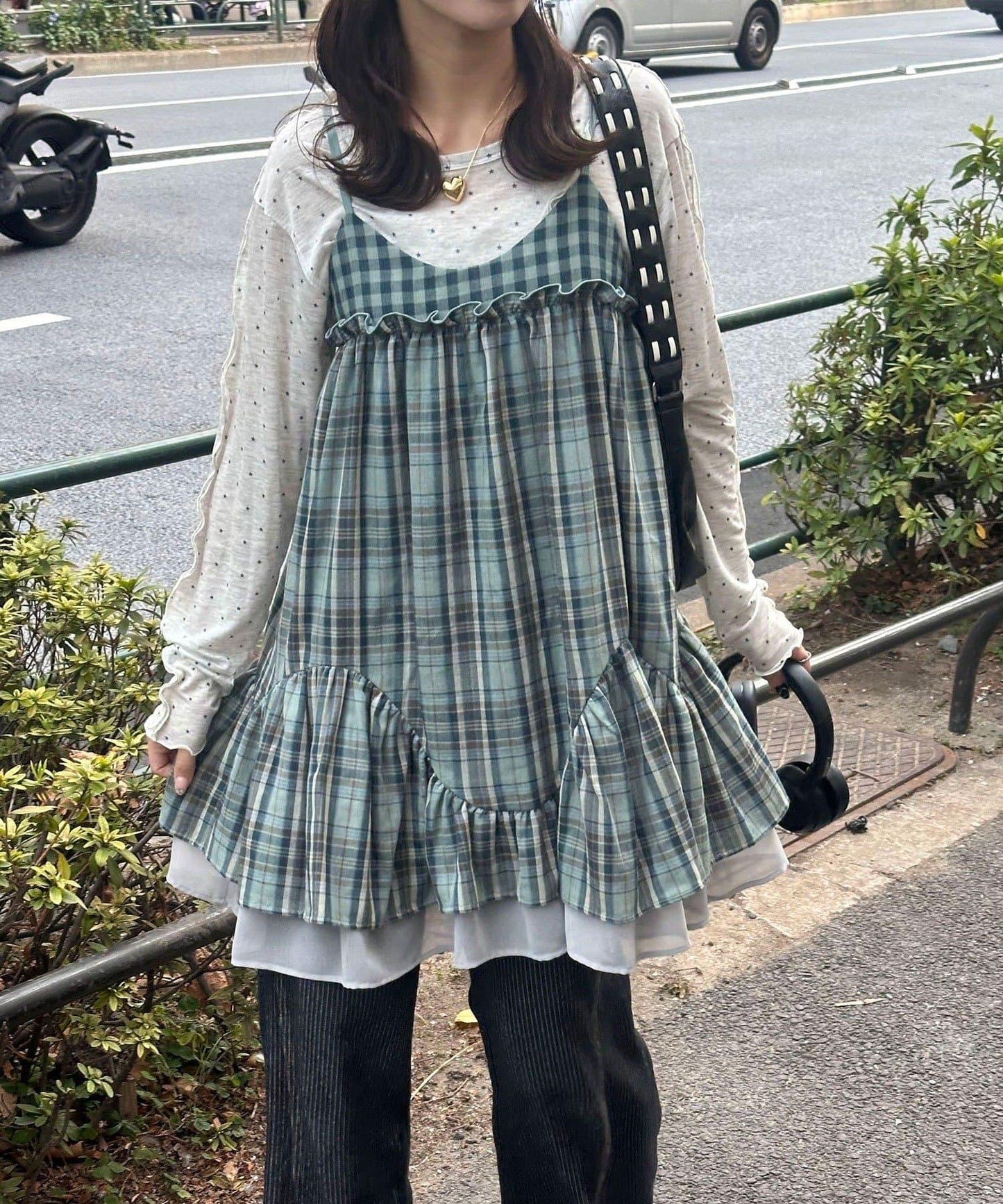 復古格紋 抽褶 吊帶連衣裙