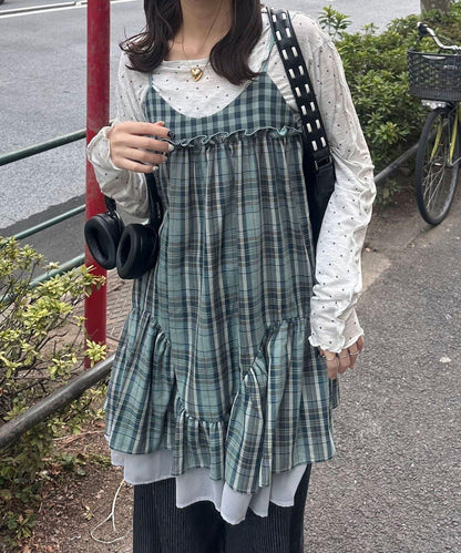 復古格紋 抽褶 吊帶連衣裙