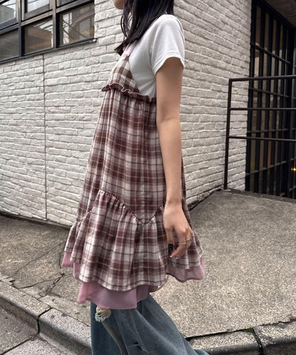 復古格紋 抽褶 吊帶連衣裙