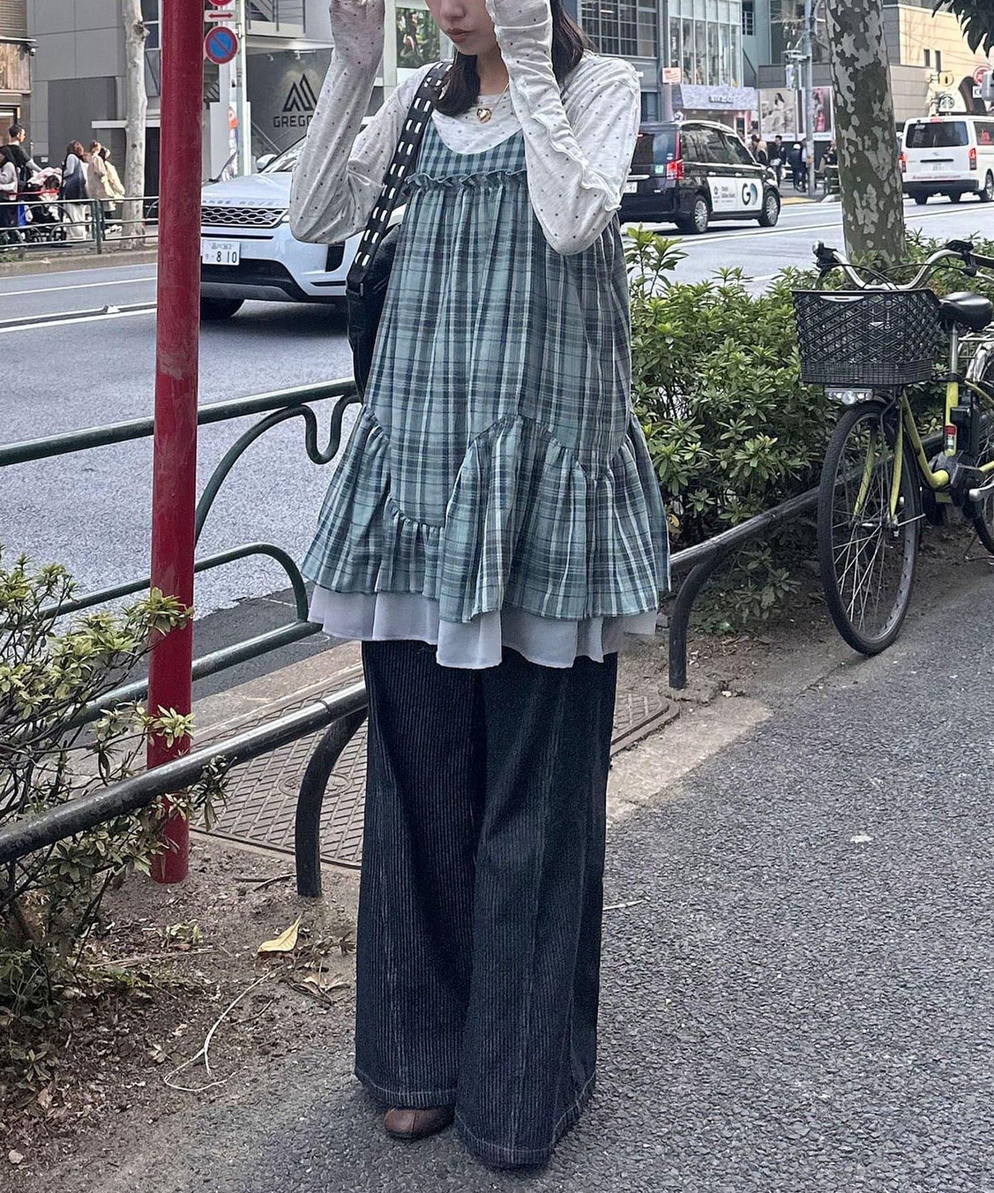 復古格紋 抽褶 吊帶連衣裙
