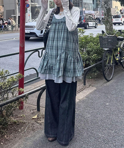 復古格紋 抽褶 吊帶連衣裙