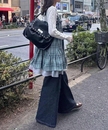 復古格紋 抽褶 吊帶連衣裙