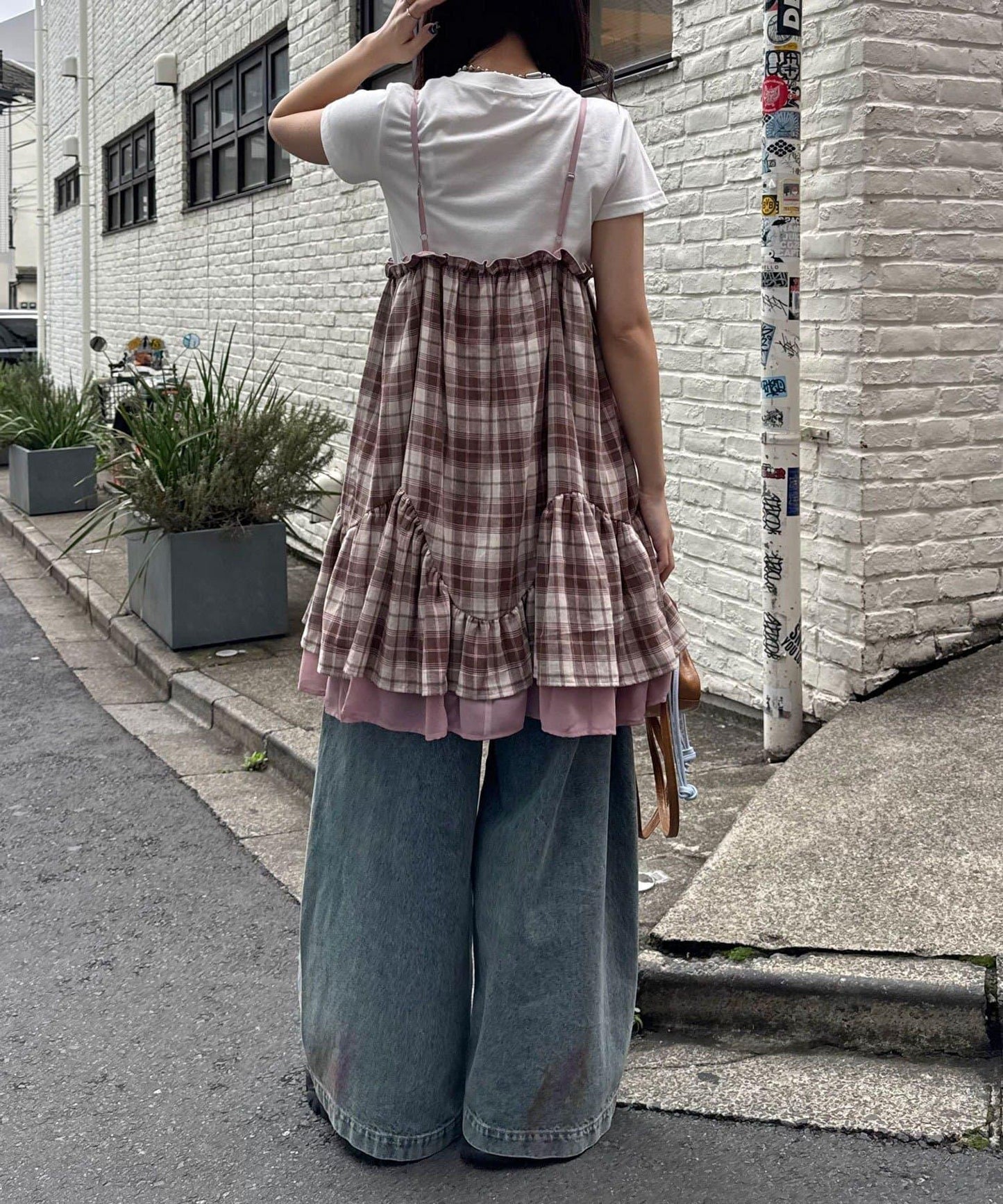 復古格紋 抽褶 吊帶連衣裙