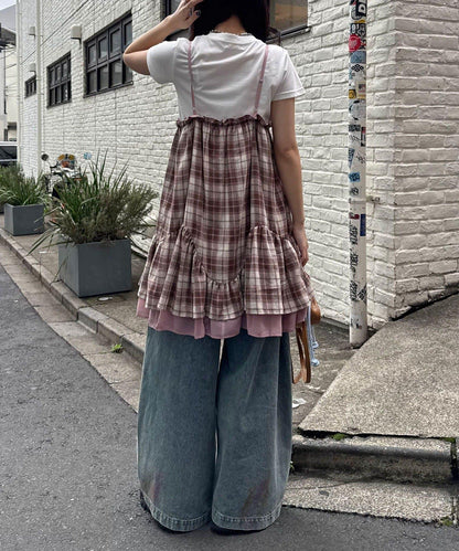 復古格紋 抽褶 吊帶連衣裙